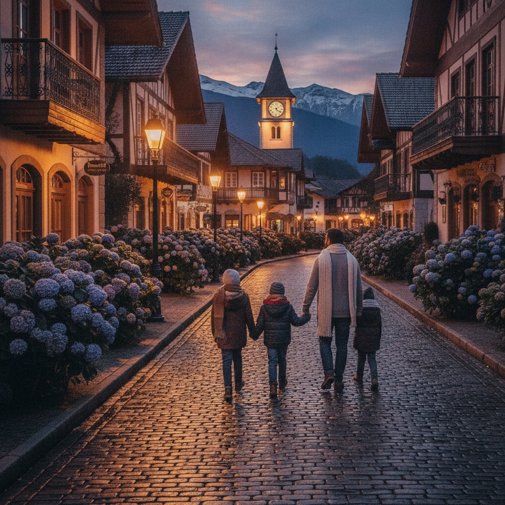 Família caminhando numa rua iluminada de Gramado no inverno