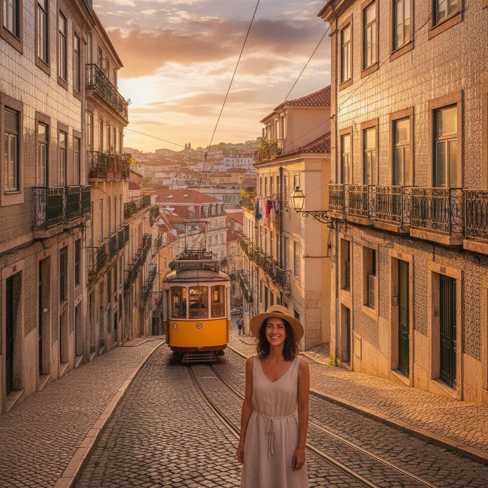 Viajante sorrindo em rua de Lisboa com o bonde amarelo