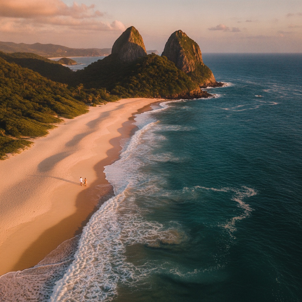 Praia em Fernando de Noronha ao pôr do sol, com o Morro Dois Irmãos
